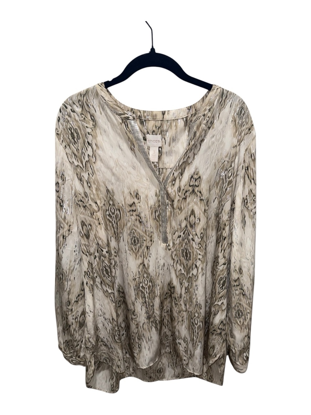Chico’s Beige Printed Embellished Peasant Blouse V Neck Long Sleeve NWT XL 3 - Picture 3 of 6